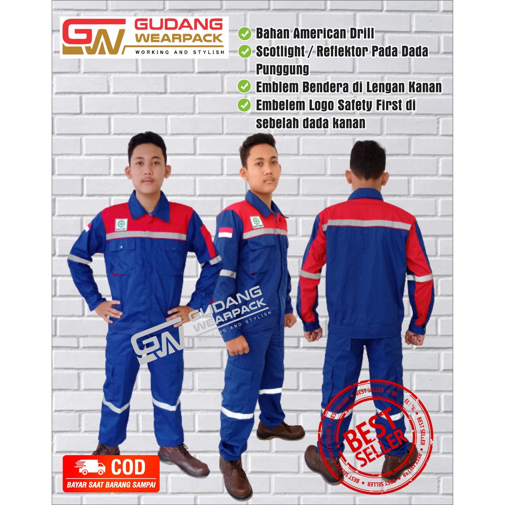 SETELAN Wearpack  BENHUR-MERAHlengan panjangsleting/ baju Kerja K3 (setelan standar)