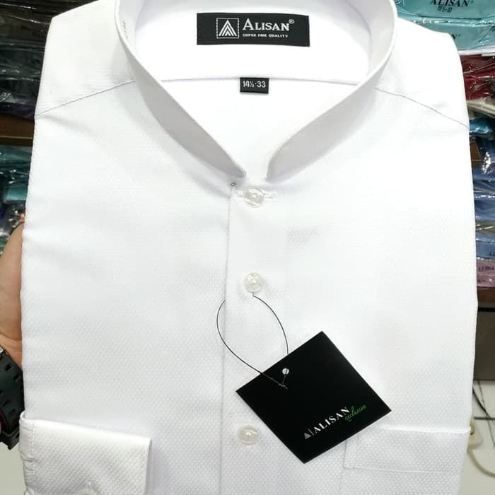 keren Kemeja Pria Koko Alisan Panjang Kerah Shanghai Putih Dobby Milard