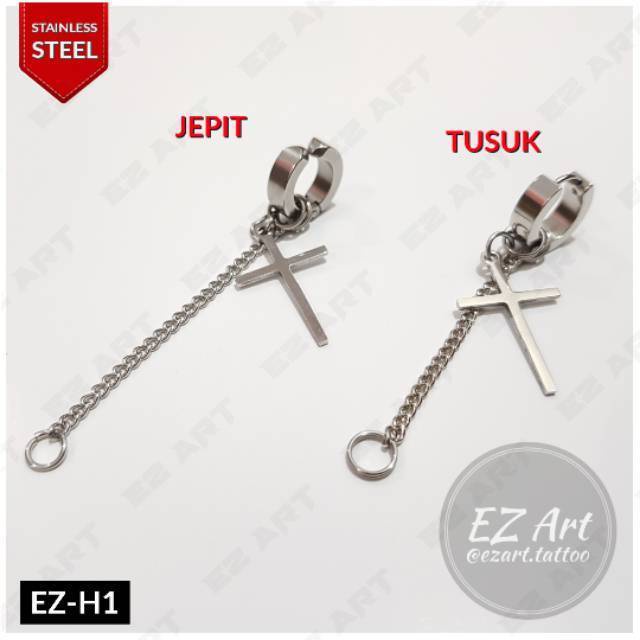 1Pc Model EZ-H Silver Anting Jepit Tusuk Variasi Bandul Salib Punk Korea KPOP Stainless Steel