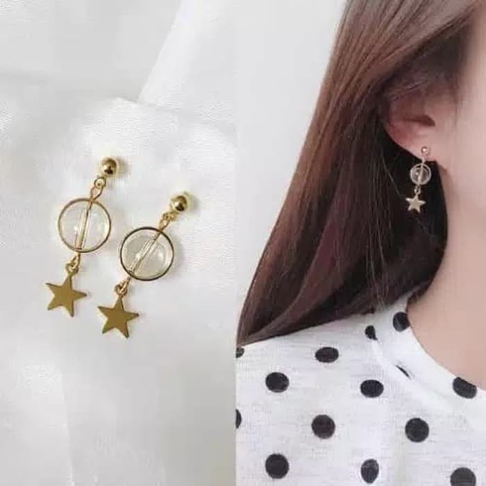 Anting Bintang Panjang Simple Gold Star Circle Pendant Long