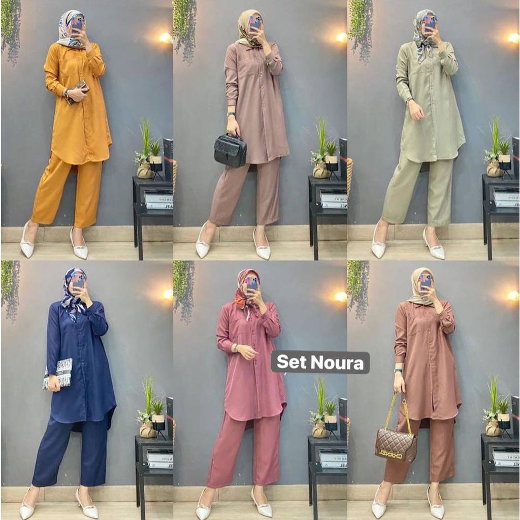 Noura One Set Wanita Tunik Shakila Premium Setelan Wanita Lengan Panjang Set Baju Muslim Kekinian LD 110 cm