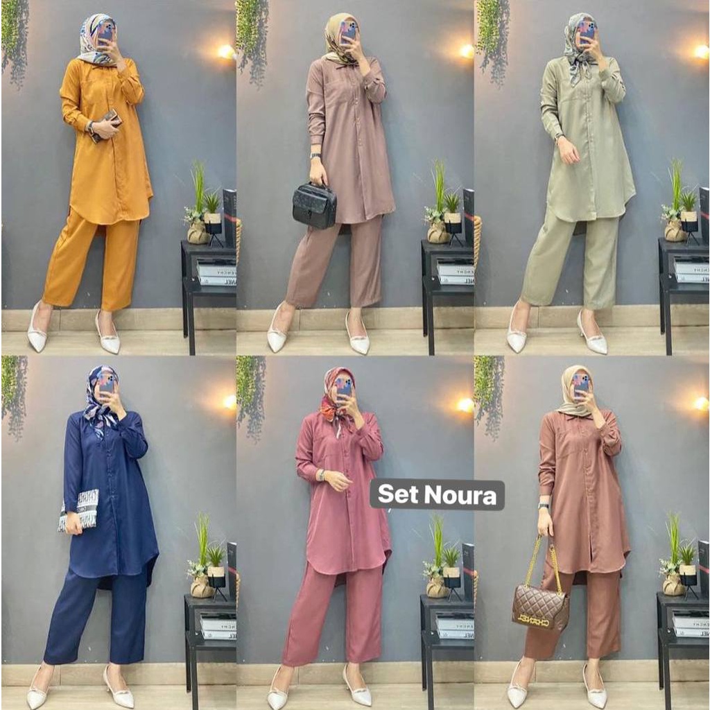 Noura One Set Wanita Tunik Shakila Premium Setelan Wanita Lengan Panjang Set Baju Muslim Kekinian LD 110 cm