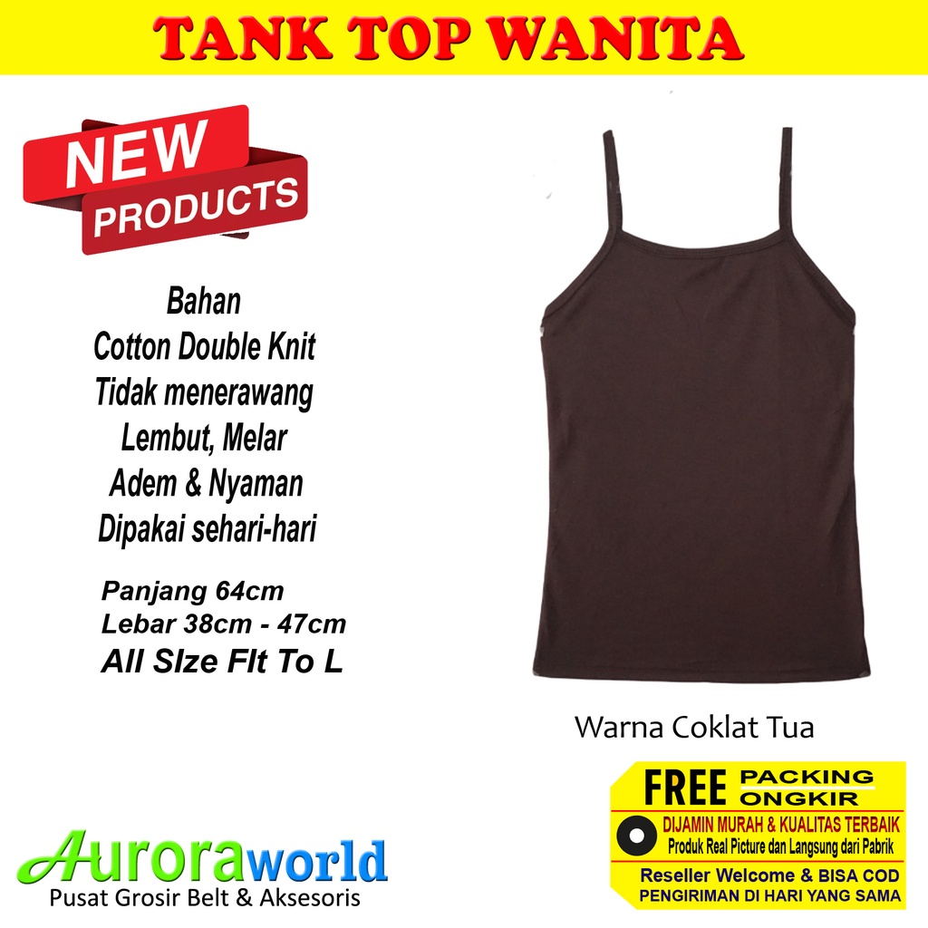 Auroraworld Tank Top tali kecil Tanktop dalaman wanita bahan Cotton Double Knit tidak menerawang, adem dan nyaman dipakai bisa COD