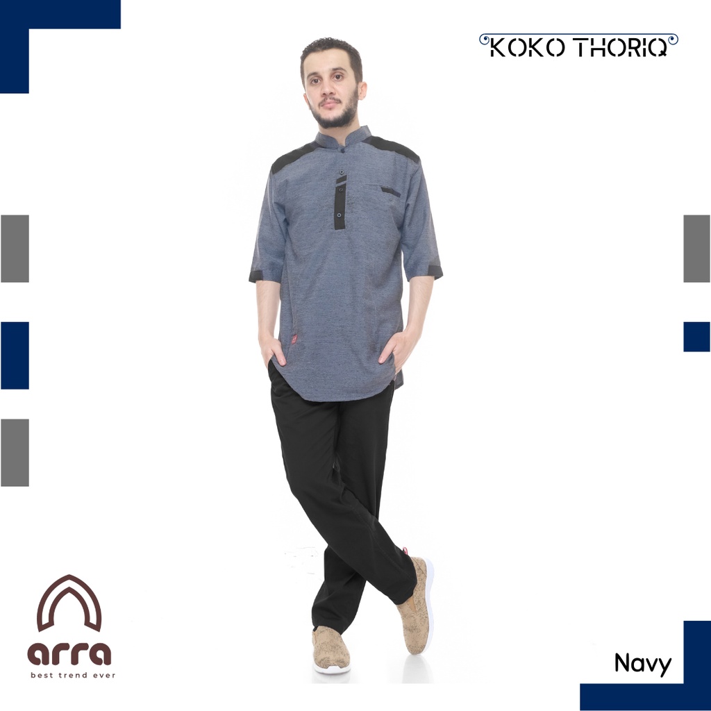 Baju Koko Kurta Thoriq Lengan Pendek Dewasa Pria Laki Ukuran Jumbo S/M/L/XL/XXL Bahan Oxford Denim Atasan Muslim Lebaran Koko Pakistan Modern Kemeja Tangan Kantong