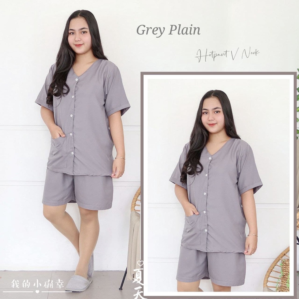 IZANY Piyama Dewasa Hotpant V Neck all size  / HP Celana Pendek  PLAIN Polos-GREY PLAIN