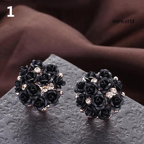 OW@ Women Fashion Elegant Inlaid Rhinestone Blooming Rose Flower Ear Studs Earrings