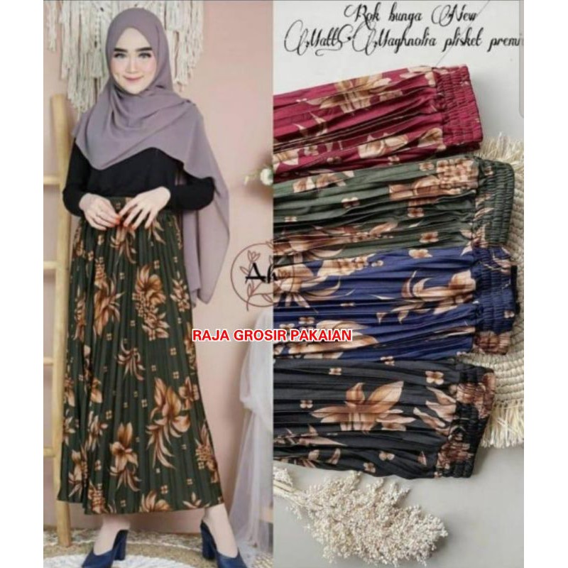 Rok Plisket Import Motif Bunga Anggrek