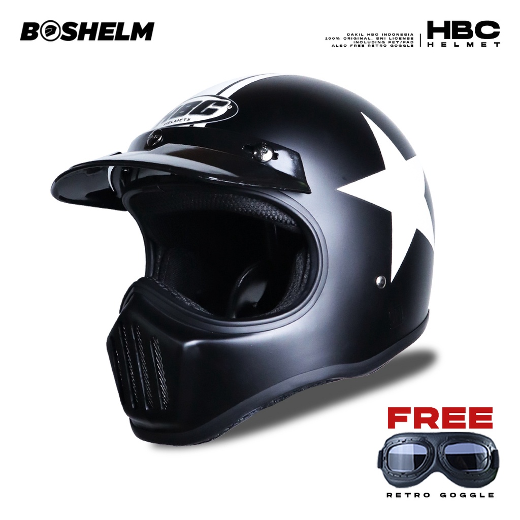 BOSHELM Helm Cakil HBC WHITE STAR BLACK Helm Retro Full Face SNI