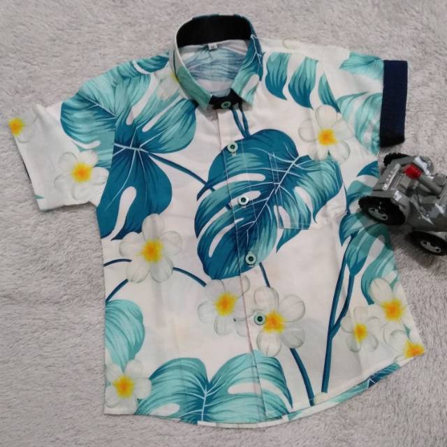 Kemeja Anak Cilakids Motif Monstera Biru Dongker