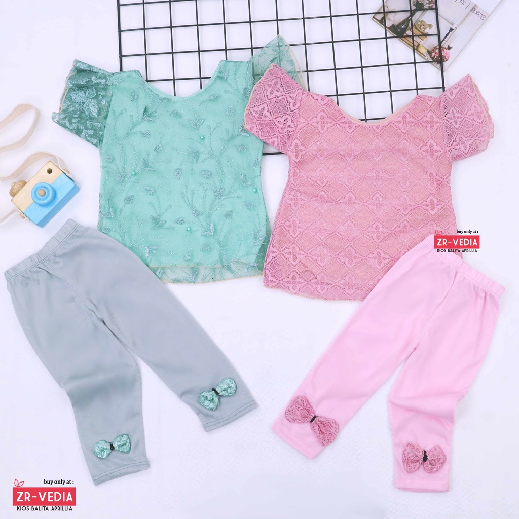 Setelan Seline uk 1-2 Tahun / Set Brukat Anak Perempuan Import Atasan Lengan Legging Polos Branded