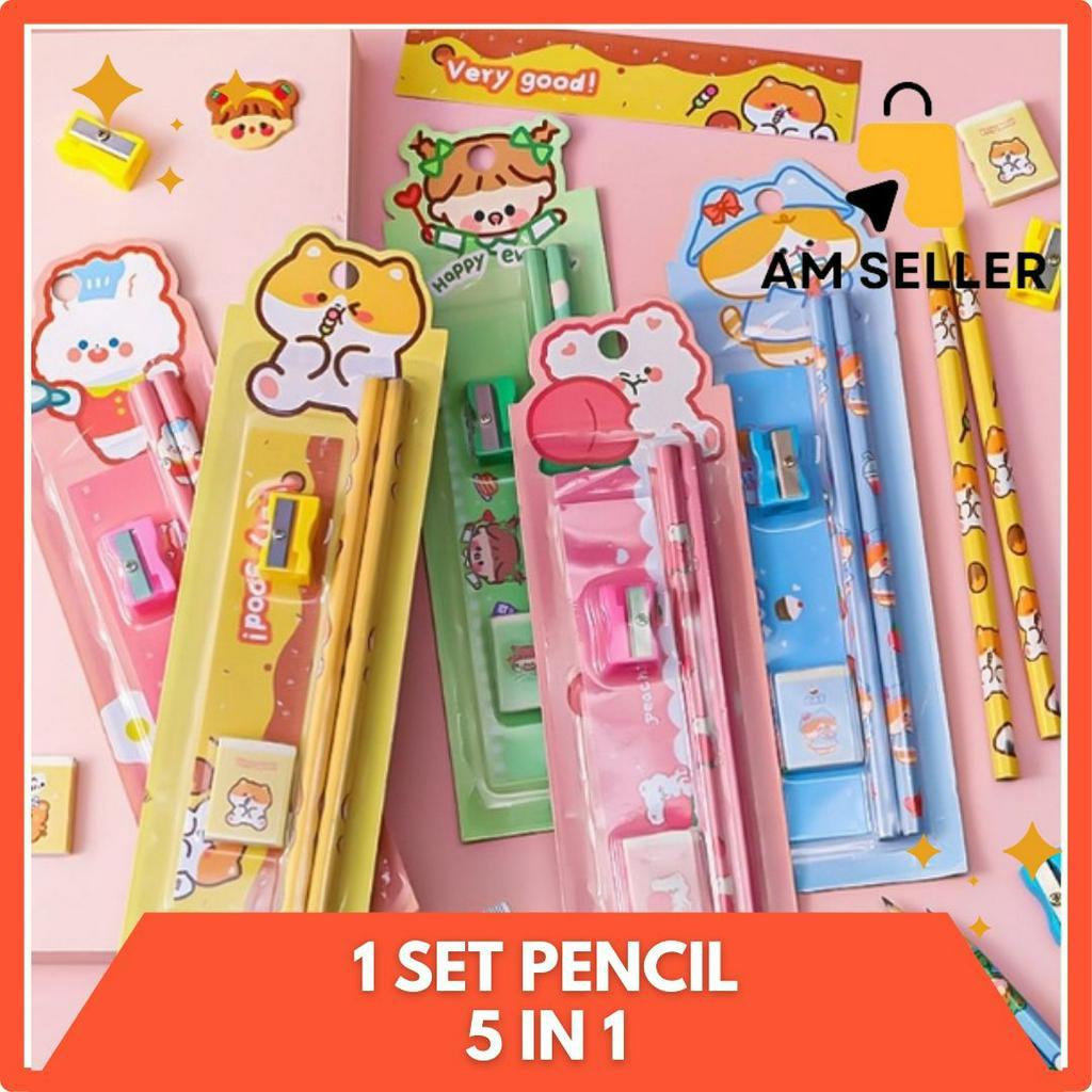 Set Alat Tulis Sekolah Lengkap Stationery 5in 1 Penggaris Rautan Penghapus Pensil