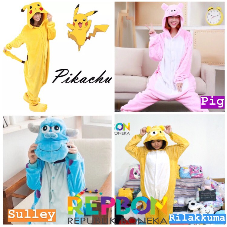 BAJU ONESIE DINO TOTORO KOALA JERAPAH PENGUIN STITCH SAPI COSPLAY KOSTUM PIKACHU KOSTUM