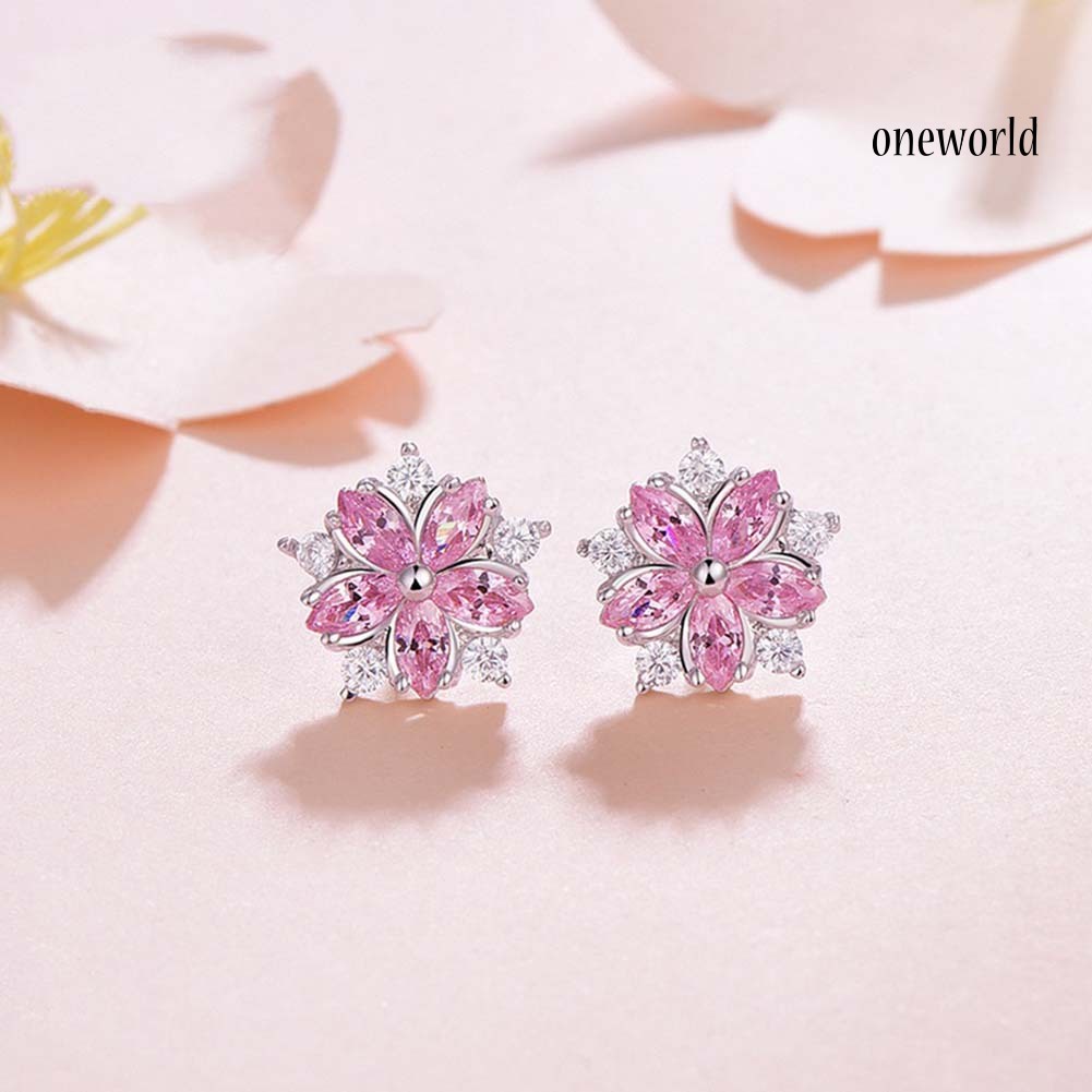 OW# Women Rhinestone Inlaid Sakura Flower Ear Stud Earrings Wedding Jewelry Gift