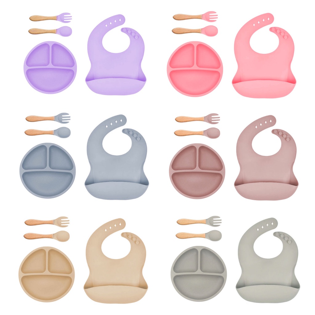 SET Tempat Makan Silicon SUCTION Gagang Kayu Dengan Bib Peralatan Makan Anak Murah Tableware Silikon Anak Import