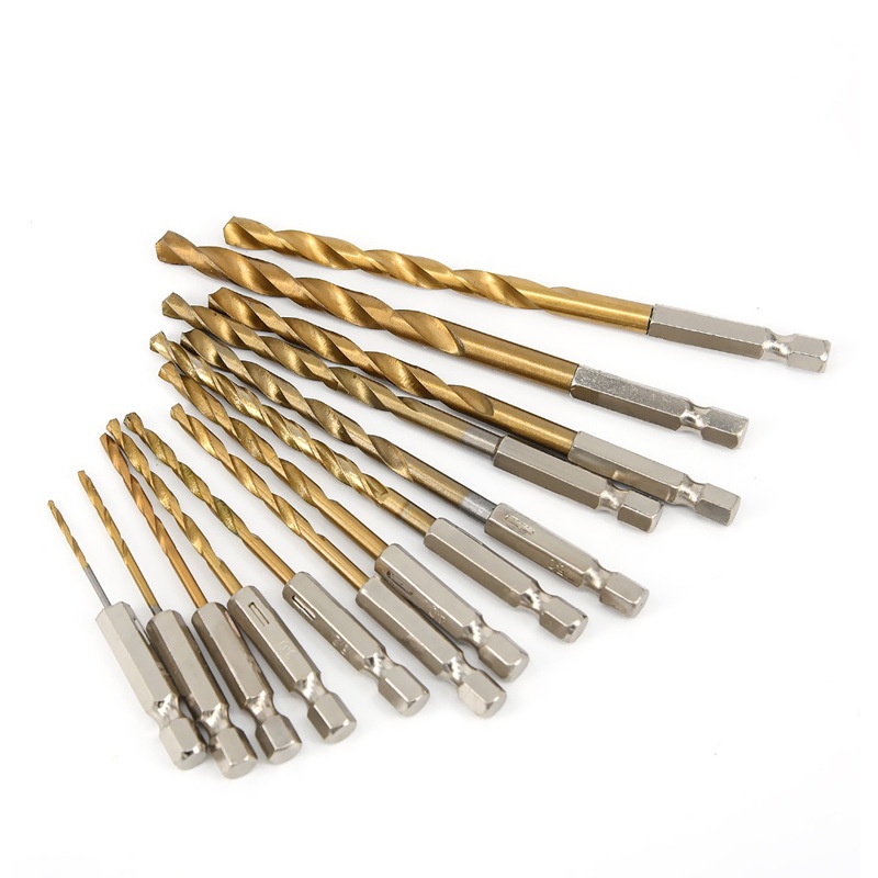 13PC 13PCS Titanium Coated Iron Metal Soft Steel HSS Twist Drill Bit Set Metal Power Tools Accessories 1/4&quot; Hex Shank