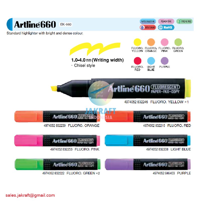 

(1 Pcs) Highlighter ARTLINE EK-660 Neon Fluorescence Chisel Style (0.4~1.0 mm) Warna Lengkap