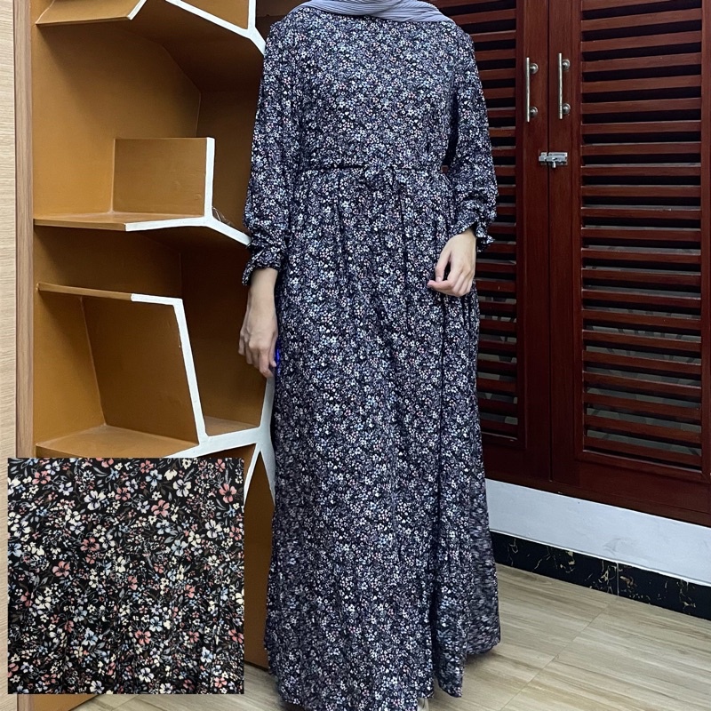 [SIZE STANDAR VOL 1] Floral dress maxi dress panjang gaun casual bunga wanita-black sable