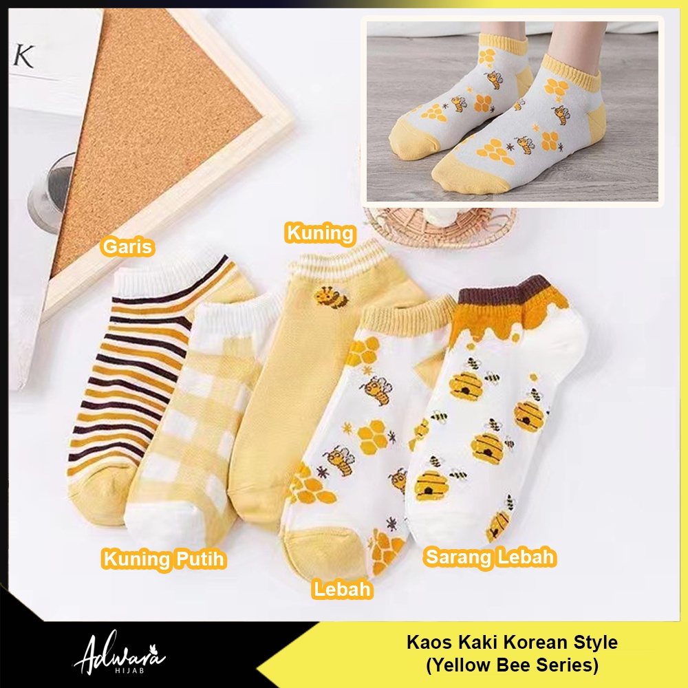 Kaos Kaki Wanita Pendek Gaya Korea Motif Lebah Kuning Semata Kaki (Sock Ankle Import)