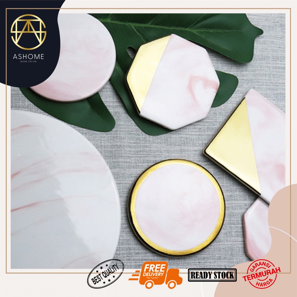 ASHOME Tatakan Gelas Keramik Motif Marble dengan List Gold / Elegant Coaster Marble With Gold / Tata