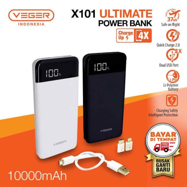 Power Bank VEGER X101 Ultimate LED Digital Display 10.000 mAH Original