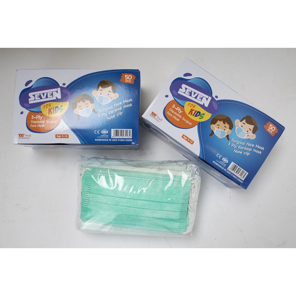 Fortglass Masker anak SEVEN KIDS POLOS Masker Medis untuk anak 3ply 50pcs