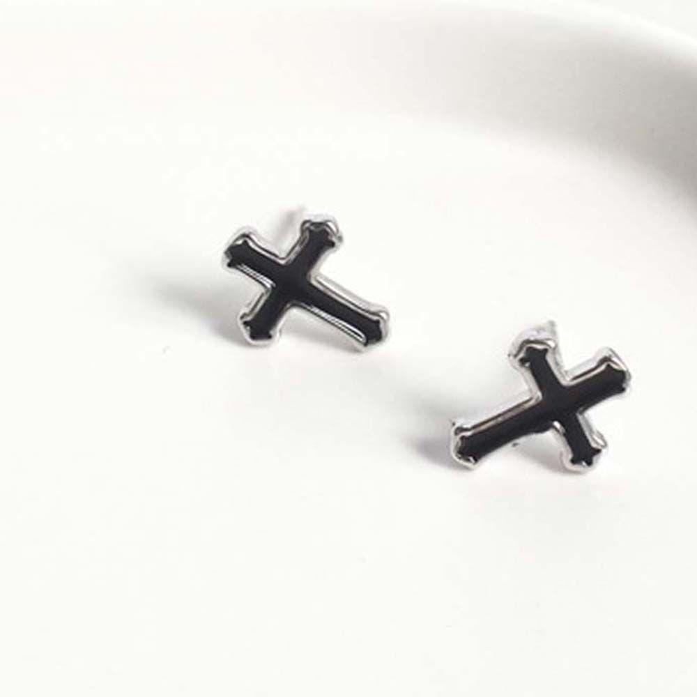 NEEDWAY Cross Ear Studs Keren Vintage Salib Berbentuk Punk Warna Perak Hitam Pria Punk Anting