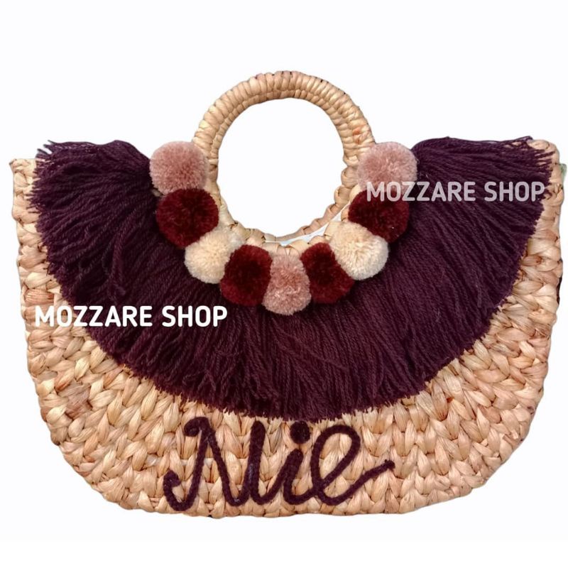 tas eceng gondok kiso pompom Custom Nama | tas pantai anyaman rotan bali