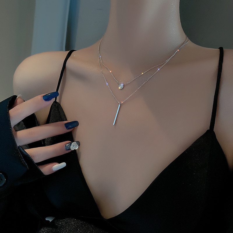 [ Women Double Layer Metal Square Pendant Necklace ] [ Elegant Golden Sliver Clavicle Necklace  ] [ Girls Chain Necklace ]