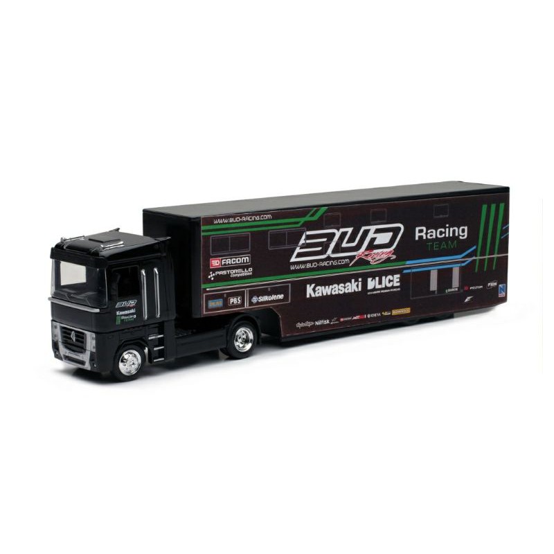 Mainan Mobil Truk Kontainer Bud Recing Kawasaki Motocross Recing Team Newray 1:43 Diecast Miniatur Trucks Box