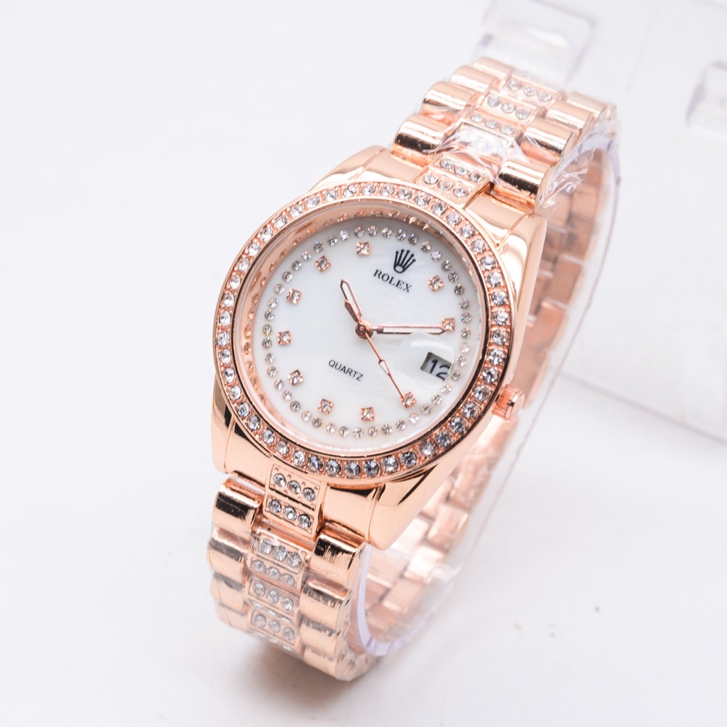 JAM TANGAN WANITA ROLEX RANTAI STAINLESS ROMAWI DIAMOND TANGGAL AKTIF FREE BOX DAN BATERAI || JAM TANGAN FASHION CEWEK MURAH JAM ROLEX