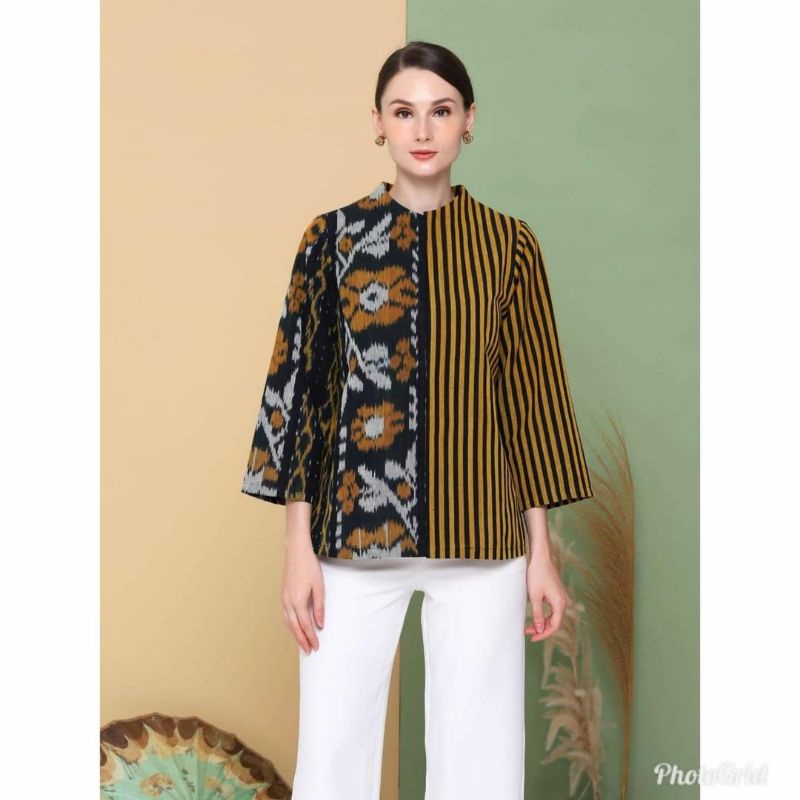 Blouse kuliah warna gold kombinasi lurik blouse unik