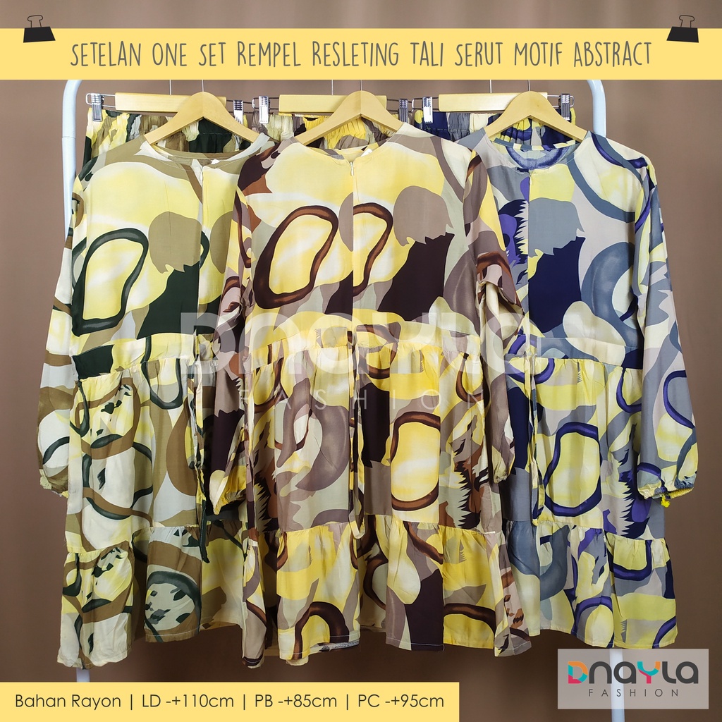 One Set Rempel Resleting Tali Serut / Setelan Celana Panjang / Setelan Baju Wanita Motif Abstract