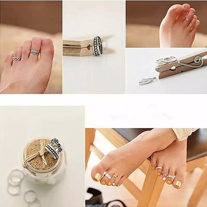 12Pcs Cincin Jari Kaki Motif Bunga Klasik Open Toe Adjustable