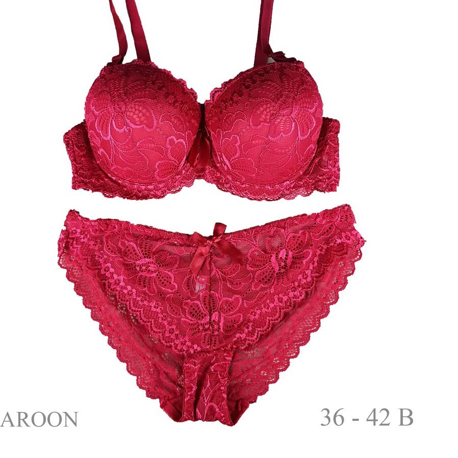 ♦ BRA SET BH DAN CD IMPORT BEHA BROKAT PUSH UP BRA RENDA CELANA DALAM WANITA RED CANDY 36-42 B ♙