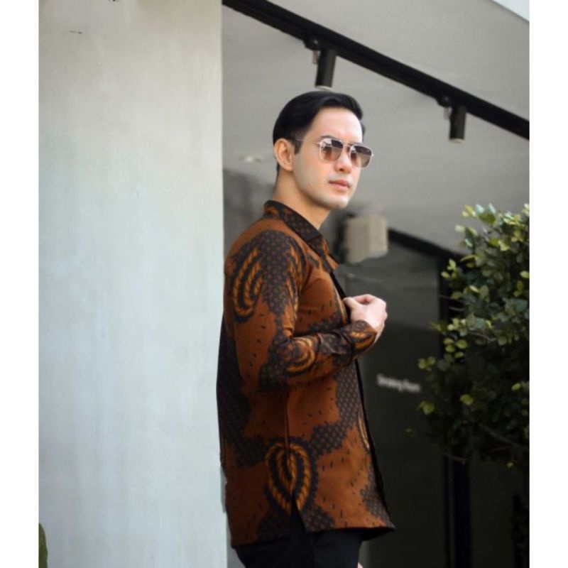 Kemeja Batik Lengan Panjang SLIMFIT Lapis Furing Katun Halus Premium Modern KAPAL KANDAS ORANGE