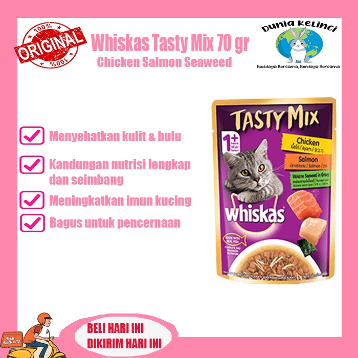 MAKANAN KUCING WHISKAS POUCH TASTY MIX CHICKEN SALMON SEAWEED 70 GR