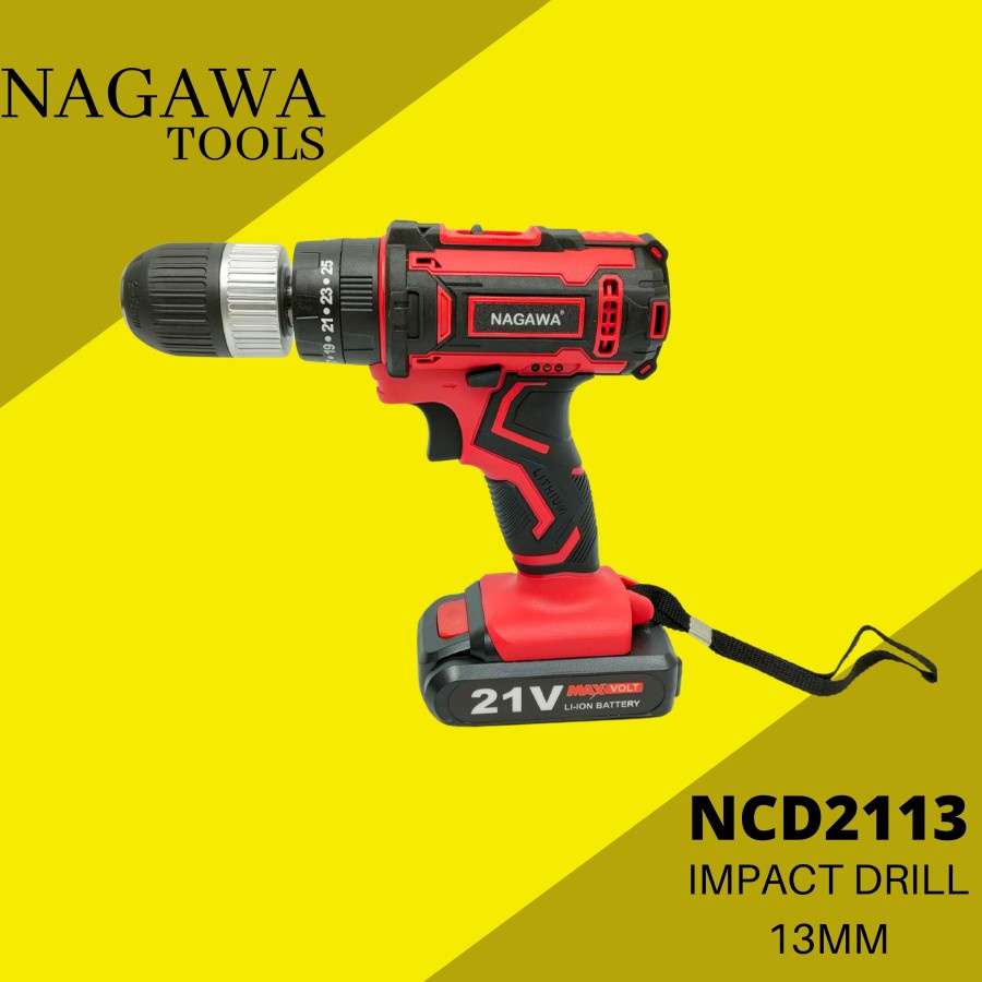 CORDLESS HAMMER DRILL 21V SET MESIN BOR BATERAI NAGAWA NCD2113 - Kuning