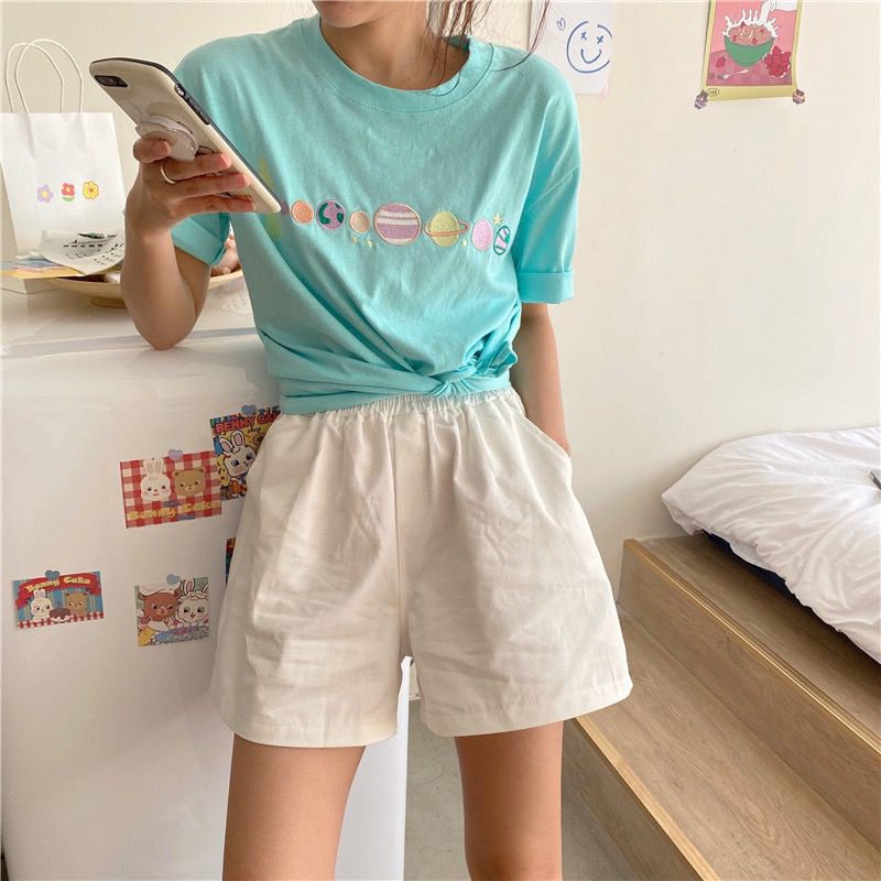 [littlecrab] Kaos Oversize Planet Besar Lucu Unik Tshirt Bordir Berkualitas Tata Surya Imut Simple Elegan 8 Planet Tata Surya Aesthetic Couple T-shirt Keren Korean Style