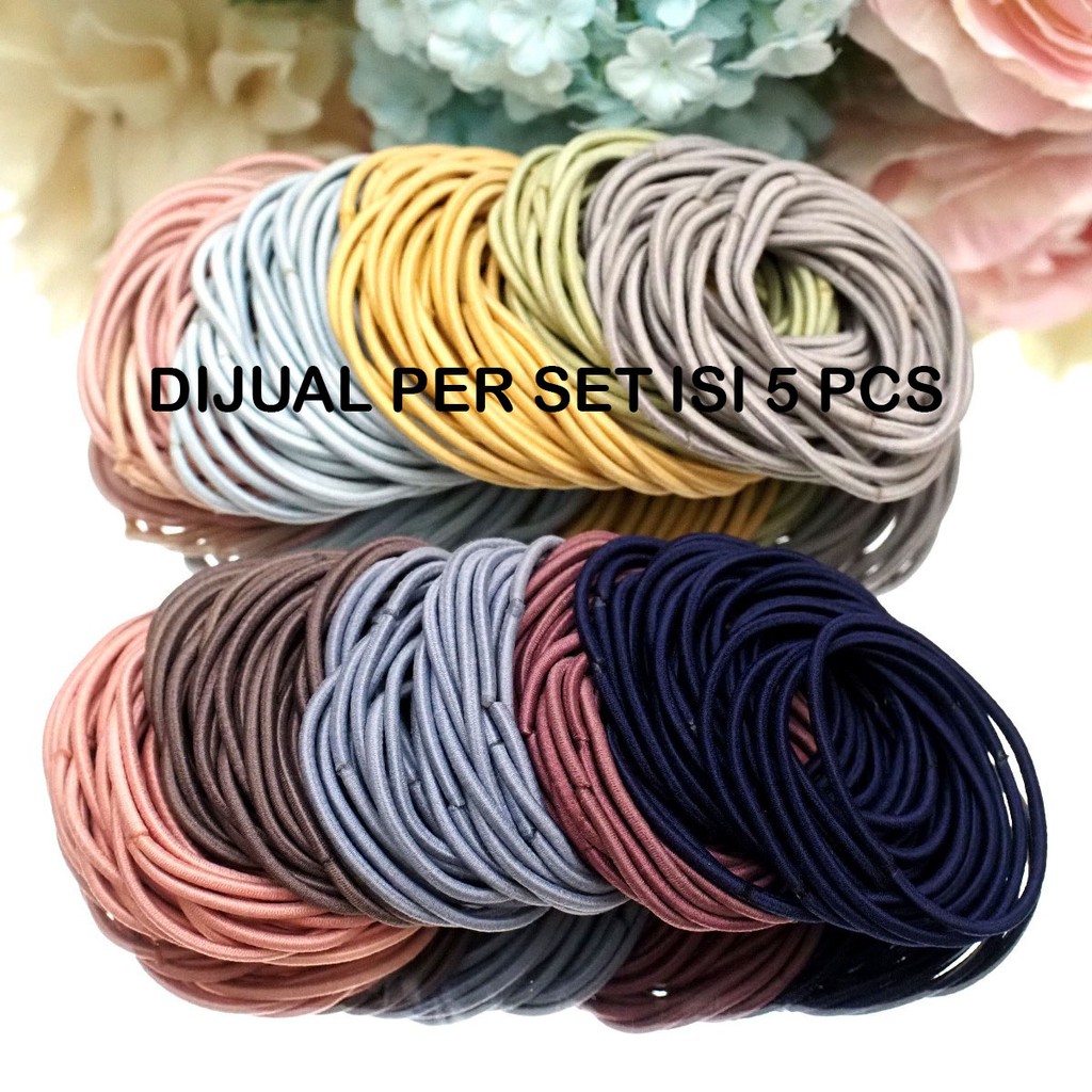 Ikat Rambut Karet SET ISI 5 Polos Korea Elastis Karet Gelang Warna Warni Kunciran Rambut Ponytail Korea Aksesoris Rambut