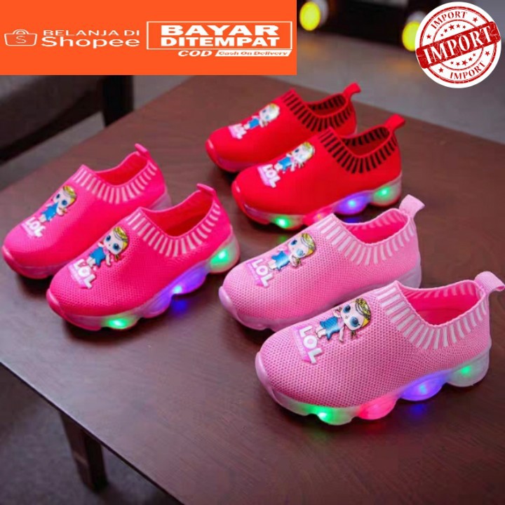 Sepatu anak perempuan gambar LOL warna warni LED size 21-30