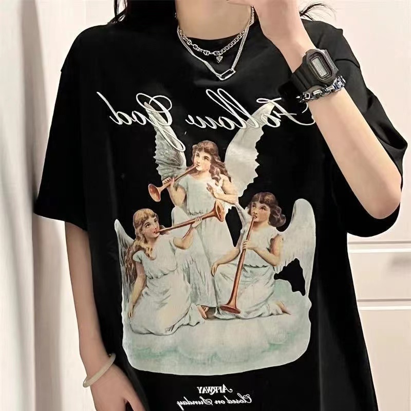 XIAOZHAINV Kaos Atasan Wanita Angel Pattern Lengan Pendek A0383