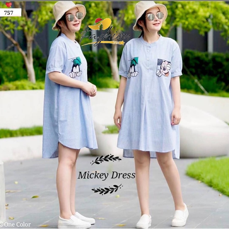 DRESS PAKAIAN KEMEJA WANITA MICKEY & GOOFY BLUE | X323