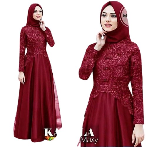 Gamis Brukat  Baju Gamis Brukat Maxy Kaella MINT Gamis Syari Muslimah Gamis Wanita Muslimah Brukat Mutiara Gamis-MARUN
