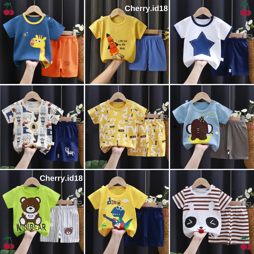 PROMO 12.12 Cherry COD Setelan Baju Bayi Import / Baju Anak Laki Laki / Setelan Kaos Anak SLP02