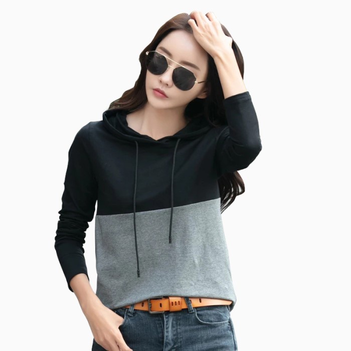 JAKET WANITA Kaos Tshirt hoodie Lengan panjang Wanita Gaya korea - Jfashion Hanasta - Abu - Hitam, M