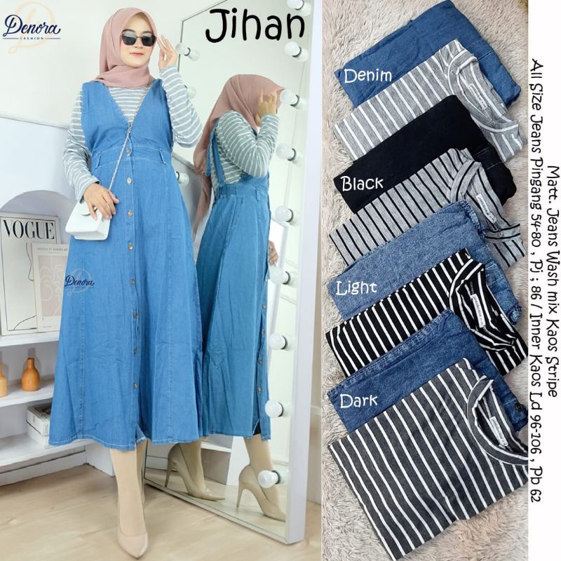 Jihan setelan jeanswash mix kaos stipe jeans pinggang denora