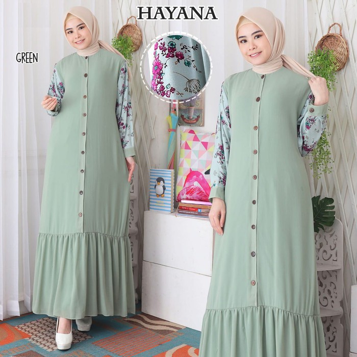 Baju Muslimah Hayana / Gamis Muslim Polos Kombinasi Bunga - Green