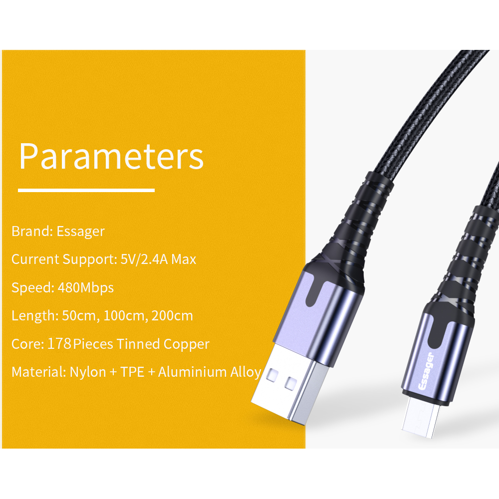 Essager Kabel Data/Charger Micro Usb Dengan Led Untuk Samsung Xiaomi Oppo Vivo Android