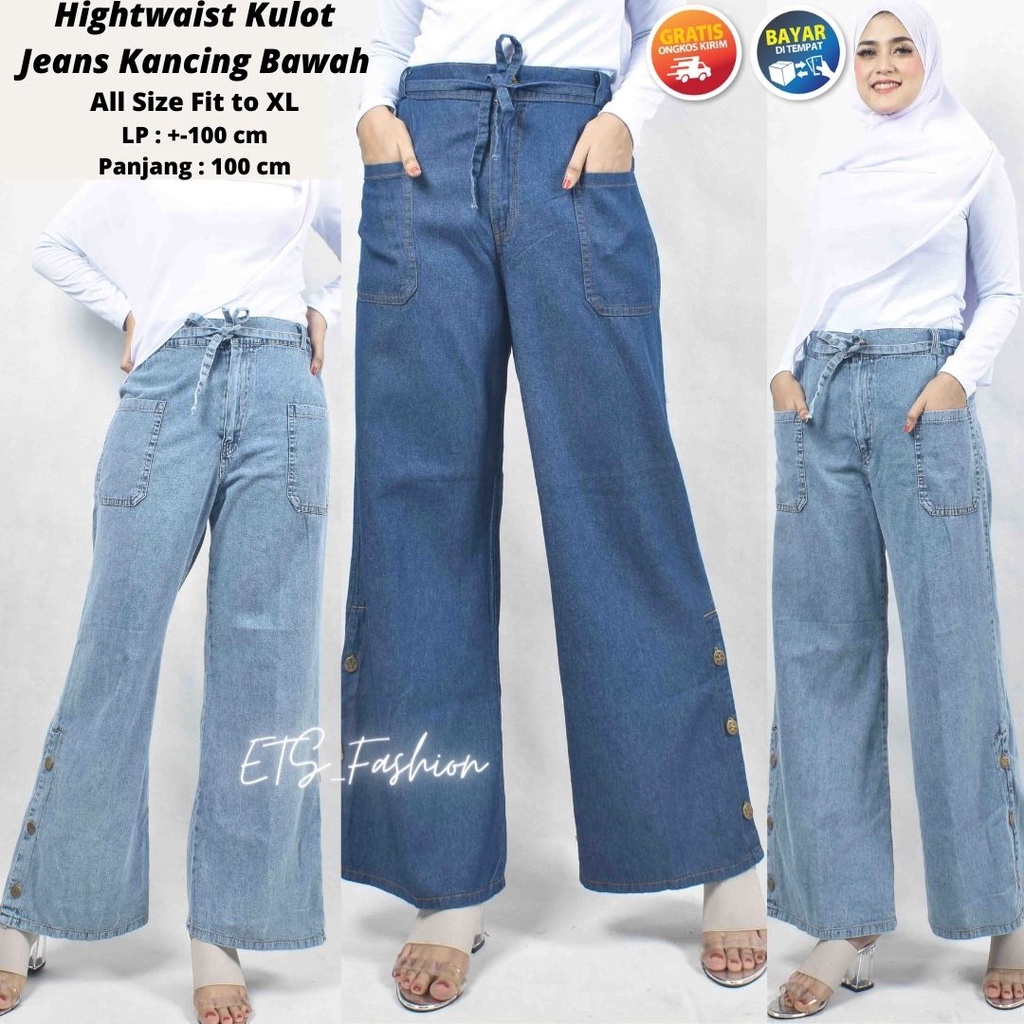 Kulot Jeans Highwaist Celana Panjang Kancing Bawah Samping