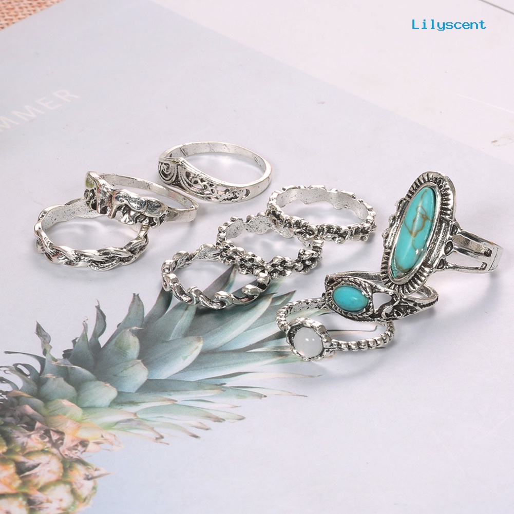 9 Pcs / Set Cincin Jari Turquoise Imitasi Gaya Retro Bohemian Untuk Wanita